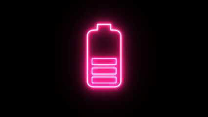Neon battery sign. Neon glowing battery charging icon. Charger, from low to full cell phone battery. Glowing neon line Battery icon.