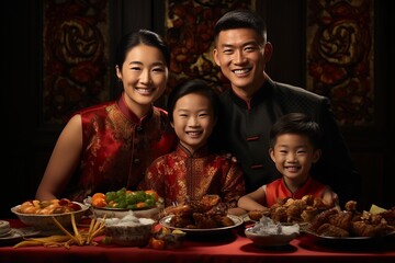 Fototapeta na wymiar Happy Chinese family having dinner together at home. Chinese New Year concept. . AI Generate