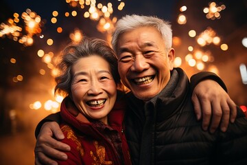 Happy asian senior couple celebrate chinese new year . AI Generate - obrazy, fototapety, plakaty