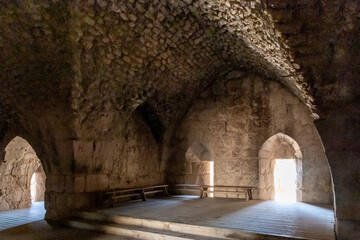 Remains  of large hall in the northern tower in the medieval fortress of Nimrod - Qalaat al-Subeiba, located near the border with Syria and Lebanon on the Golan Heights, in northern Israel