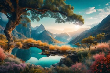 Fototapeta na wymiar An artistic montage of landscape scenery photos, seamlessly blended into a surreal composition, where elements from different images harmonize to create a dreamlike and imaginative atmosphere