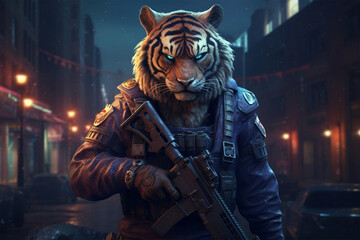 Fototapeta na wymiar Armed tiger police in advanced city