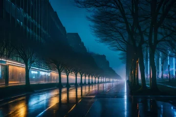 Poster A futuristic tree-lined avenue in a cyberpunk city, neon lights reflecting off wet pavement, creating a juxtaposition of nature and technology © usama