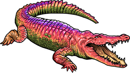 Colorful crocodile with gaping mouth, full body visible