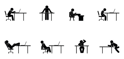 icon man sitting at table, office worker collection, stick figure people, isolated human silhouettes
