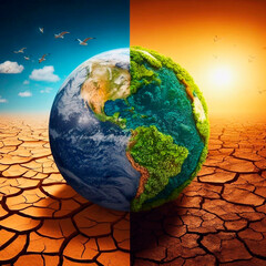 Earth planet on cracked earth background.