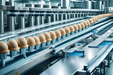 In a contemporary food processing plant, an automated production line for ice cream features a conveyor belt filled with cones