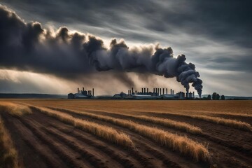 Industrial settlement smoke over moody sky in front of a cultivated field - obrazy, fototapety, plakaty