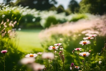 A soft-focus photograph of a landscape garden, with a dreamlike quality, highlighting the gentle sway of flowers in the breeze and the blurred edges of the green lawn