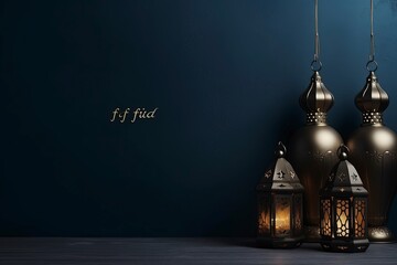 Fototapeta premium eid al fitr greeting with lanterns on dark blue background with generative ai