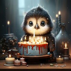 Cute little penguin near the cake with candles celebrates birthday - obrazy, fototapety, plakaty