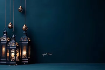 Foto op Canvas eid al fitr greeting with lanterns on dark blue background with generative ai © MUdaylah