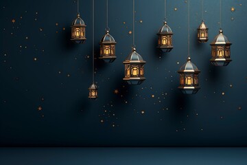 eid al fitr greeting with lanterns on dark blue background with generative ai