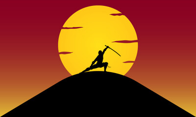 The silhouette of a samurai war against the sun background.