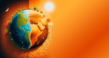 Planet Earth with sun and moon on orange background. 3D representation, one part dry and the other part alive. climate change concept