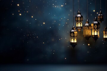 eid al fitr greeting with lanterns on dark blue background with generative ai