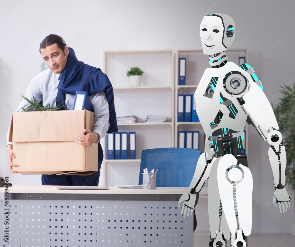 Poster concept of robots replacing humans in offices