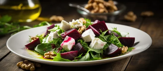 Poster Mediterranean salad with goat cheese, beetroot, walnuts, olive oil and herbs. © 2rogan