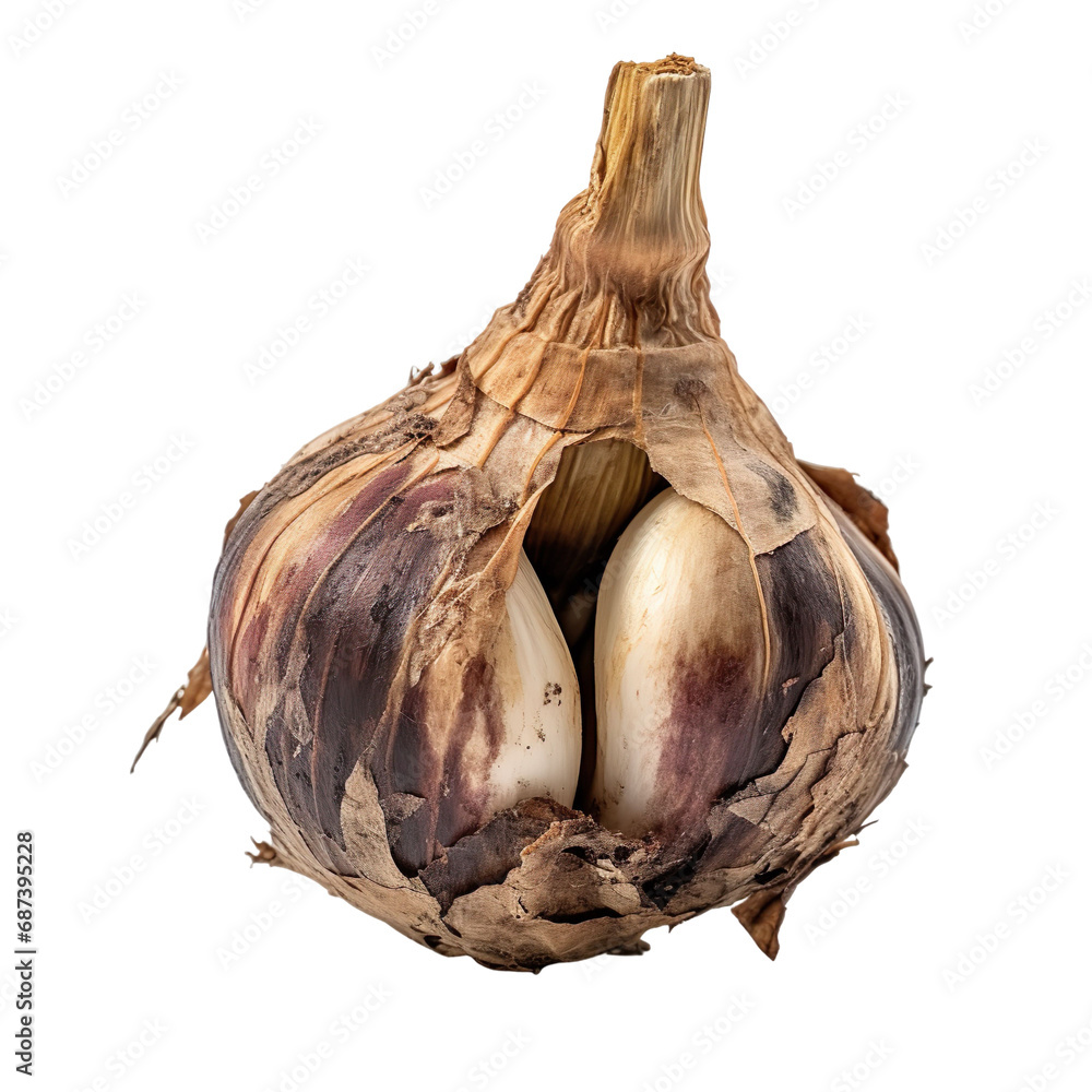 Sticker front view of a spoil rotten garlic vegetable isolated on a white transparent background