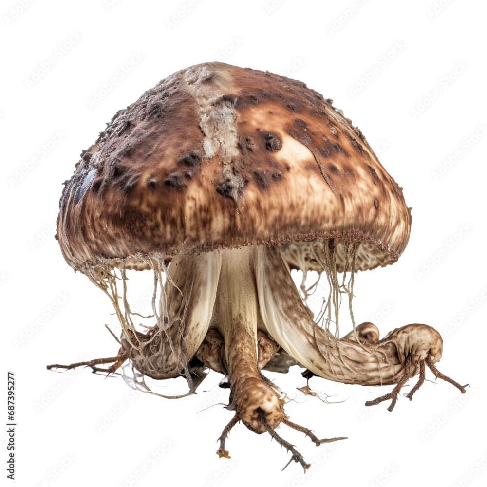 Wall mural front view of a spoil rotten mushroom vegetable isolated on a white transparent background 