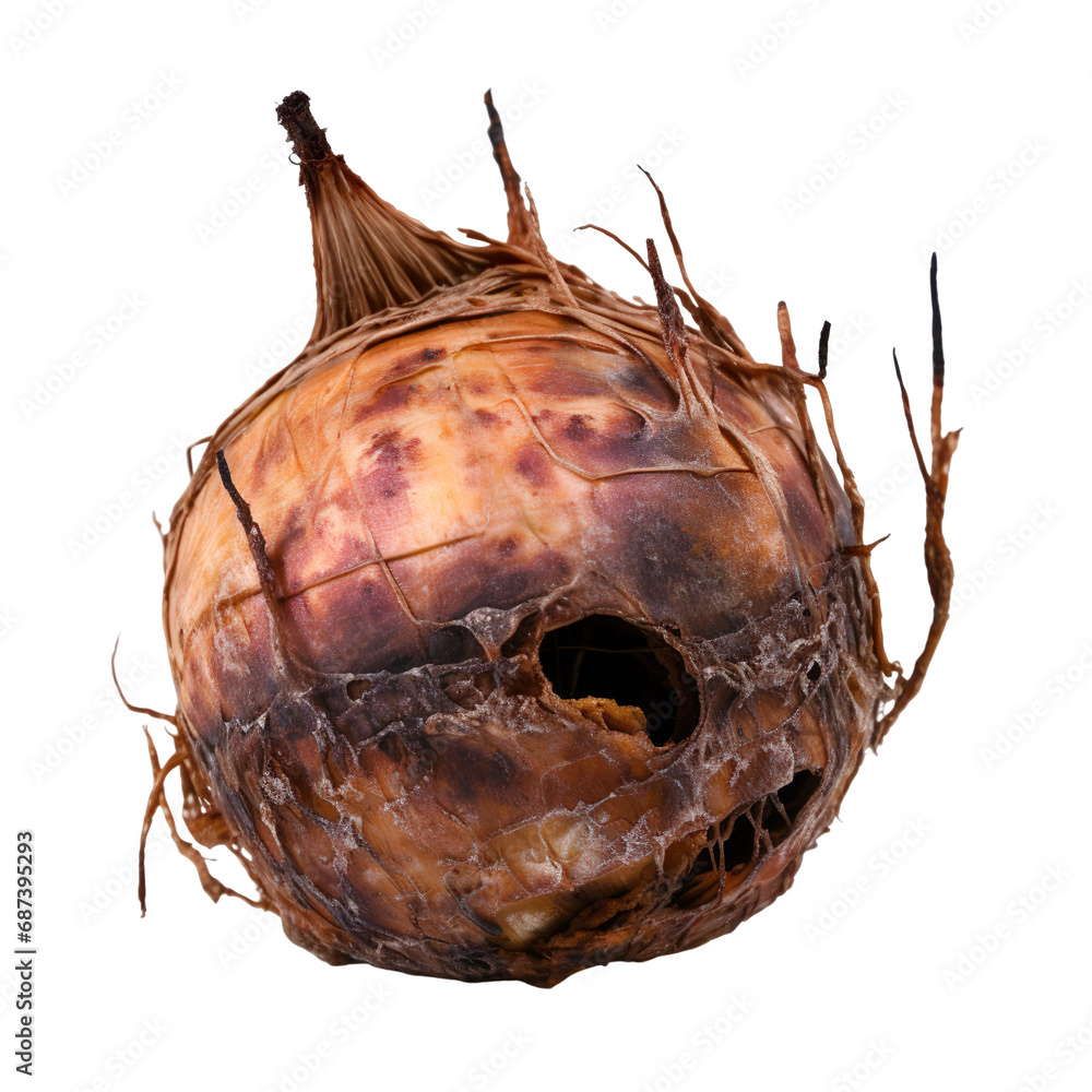 Wall mural front view of a spoil rotten onion vegetable isolated on a white transparent background 