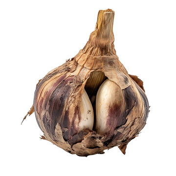 front view of a spoil rotten garlic vegetable isolated on a white transparent background 