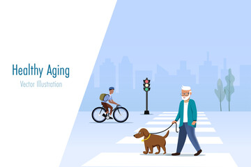 Senior man walking with dog on street. Active elderly exercise for healthy aging and wellbeing. Vector.