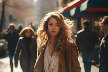 a young woman walks down a busy urban street at a sunny daytime