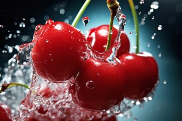 Fresh cherries with water splash on black background,  Fresh fruit close up view.
 - Powered by Adobe