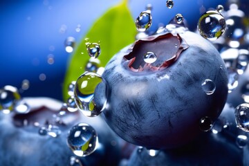 Fresh blueberries with water splash on blue background,  Fresh fruit close up view.

