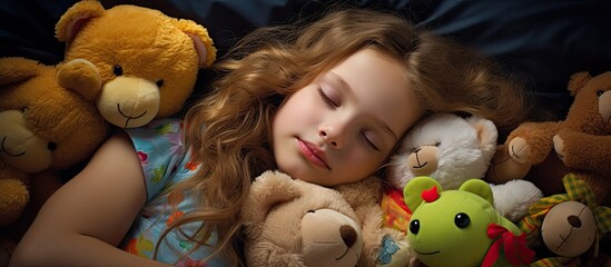Teen girl peacefully sleeps with cherished childhood toys. - obrazy, fototapety, plakaty