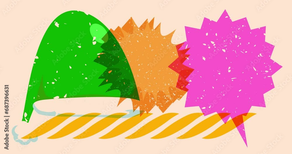 Poster risograph santa hat with speech bubble and geometric shapes animation. moving object in trendy riso 