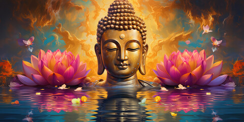 Glowing golden buddha decorated with colorful flowers - obrazy, fototapety, plakaty