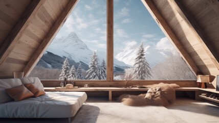Traveler enjoying weekends inside contemporary barn house in the mountains. Happy tourist looking through panoramic windows in new cottage. comeliness