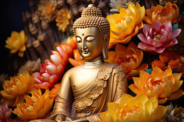 Glowing golden buddha decorated with colorful flowers - obrazy, fototapety, plakaty