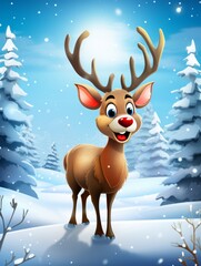 Festive Christmas Rudolph the red nosed reindeer in the snow. Generative AI