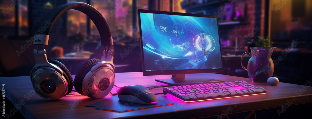 Poster wide gaming console table image with colorful neon busy room background and pc computer screen with 