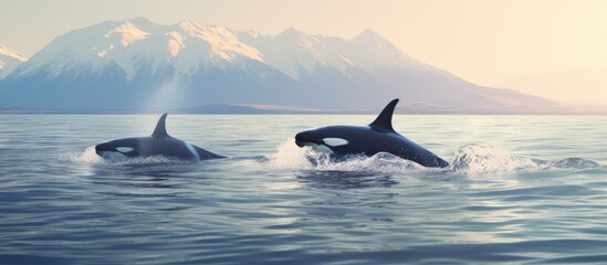 Killer whales swim in the Pacific Ocean with mountainous backdrop, Kamchatka.
