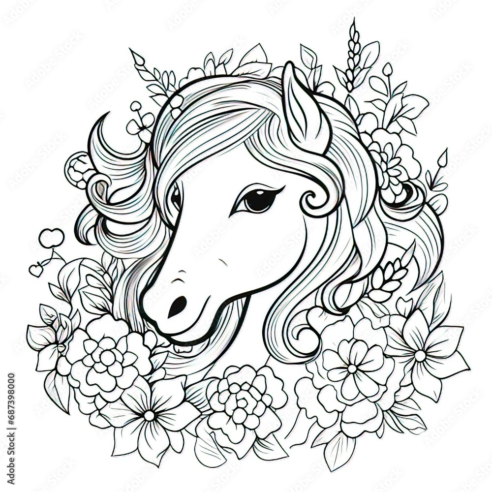 Canvas Prints Pony ,Unicorn and rainbow coloring book page on a white background-generative ai