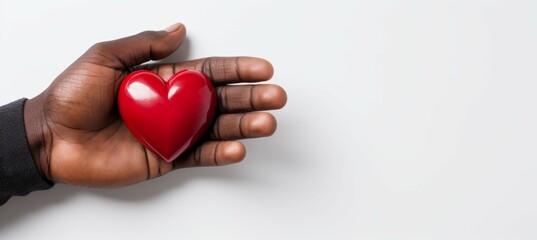 Black man hand holding red heart love shape. Copy scape for text. Generative AI technology.