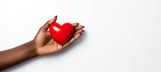 Black woman hand holding heart. Copy space. Generative AI technology.