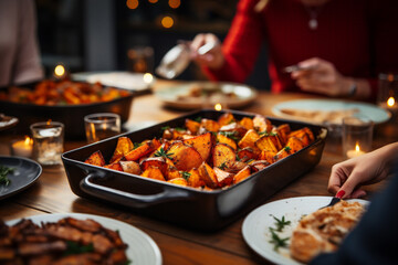 Baked sweet potato in baking dish on christmas table. Baked sweet potato with spices and herbs.