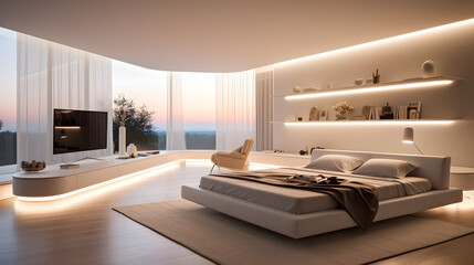 White Minimalist Living Room Space Simple Walls Edge Lighting