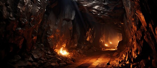 Lit underground passage in the mine. - obrazy, fototapety, plakaty