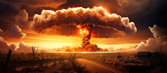 July 16, 1945: First atomic explosion shown 2 seconds after Trinity detonation, revealing Mushroom cloud's beginning. Manhattan Project, WW2. - obrazy, fototapety, plakaty