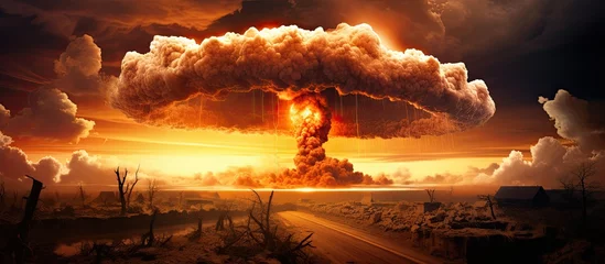 Deurstickers Manhattan July 16, 1945: First atomic explosion shown 2 seconds after Trinity detonation, revealing Mushroom cloud's beginning. Manhattan Project, WW2.