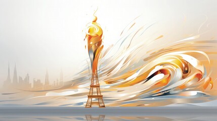 Paris Olympic Games 2024 Background Template Eiffel Tower Olympic Flame for Presentation Slides Watercolor Illustration with Copy Space - obrazy, fototapety, plakaty