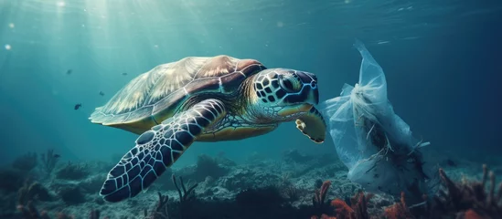 Fotobehang Sea turtles consuming plastic waste in the ocean results in environmental devastation. © 2rogan
