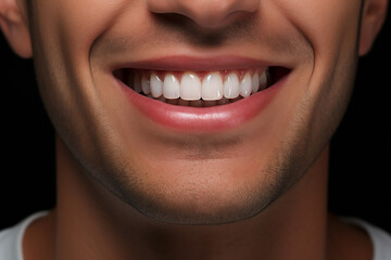 Close up photo of beautiful smiling mouth with white teeth.