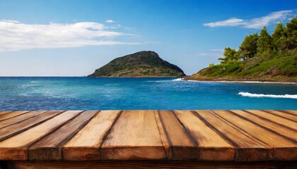 Island Escape: Wooden Table with Oceanic Backdrop